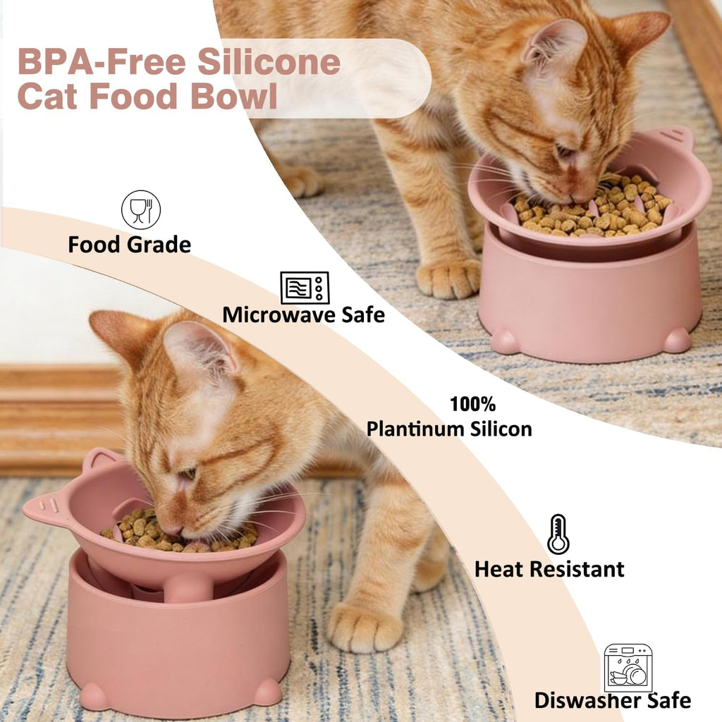 Raised Slow Feeder Cat Bowl — Tilted Silicone Design